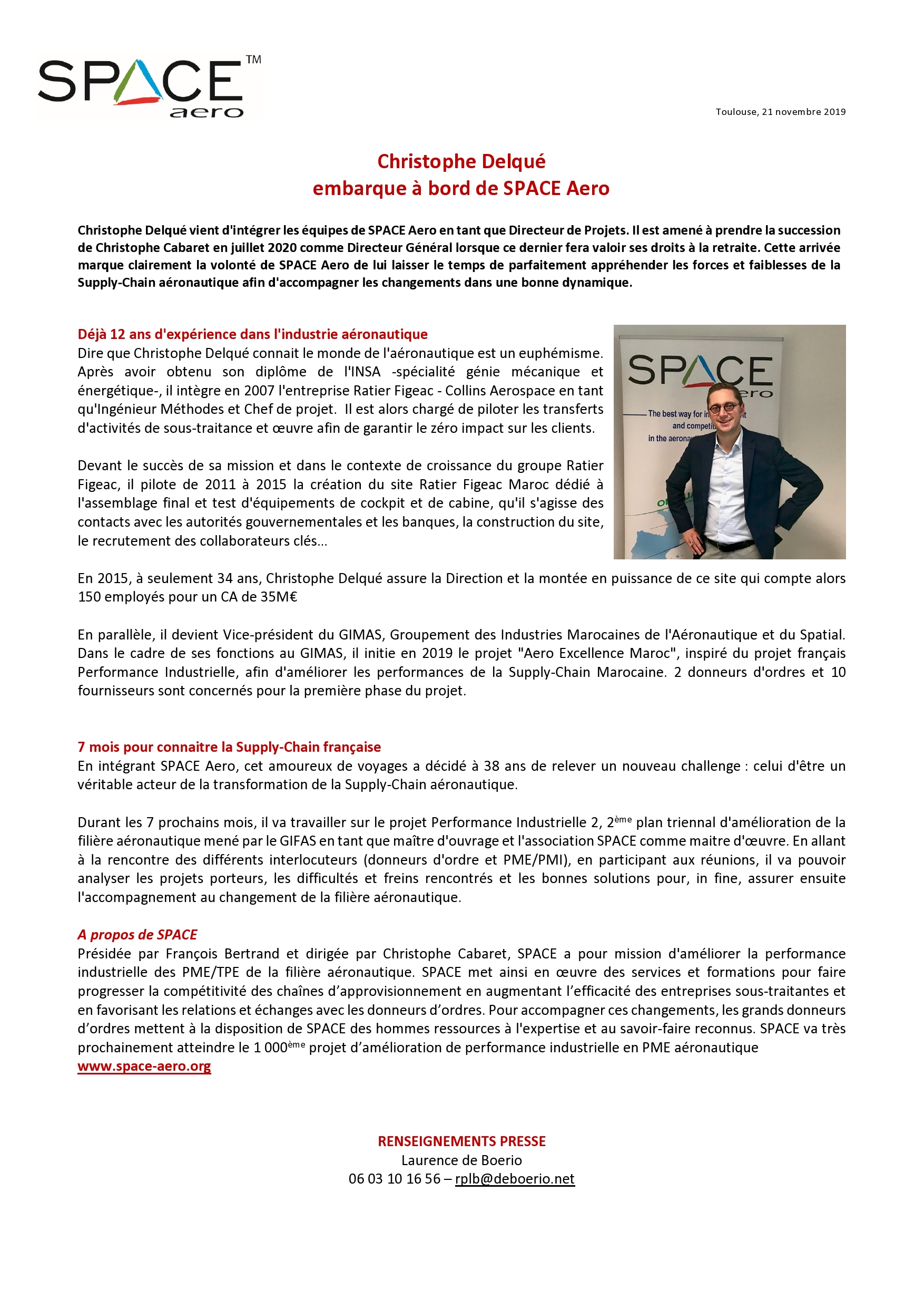 SPACE Communiqué : Christophe Delqué Embarque à Bord De SPACE Aero