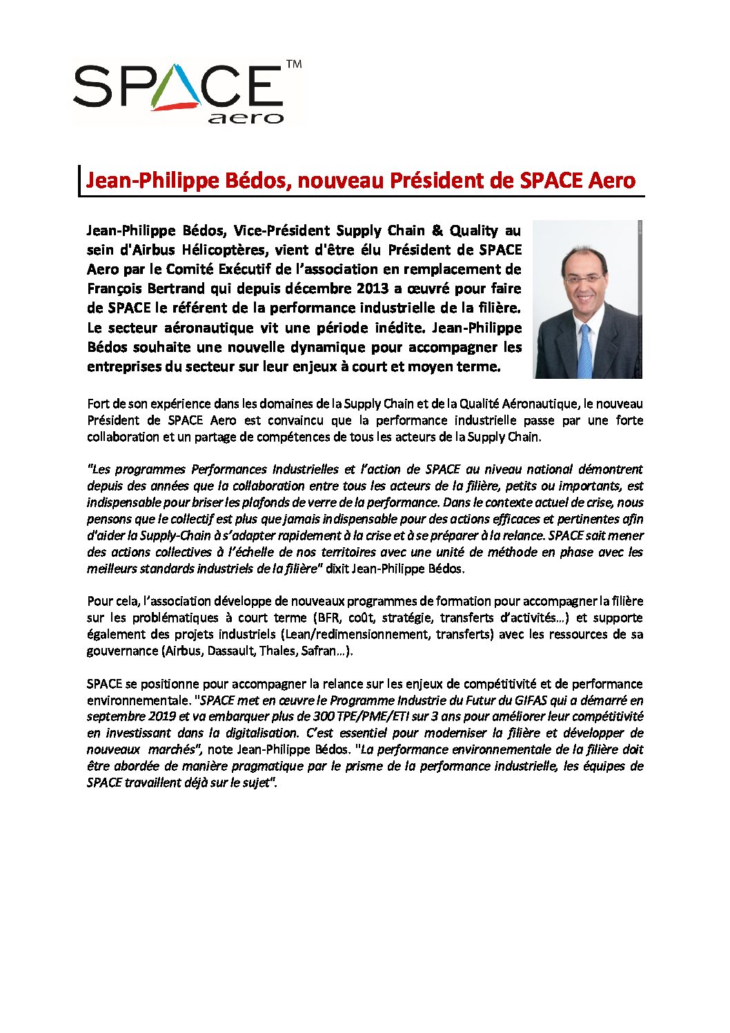 Communiqué De Presse : Le Nouveau Président De SPACE